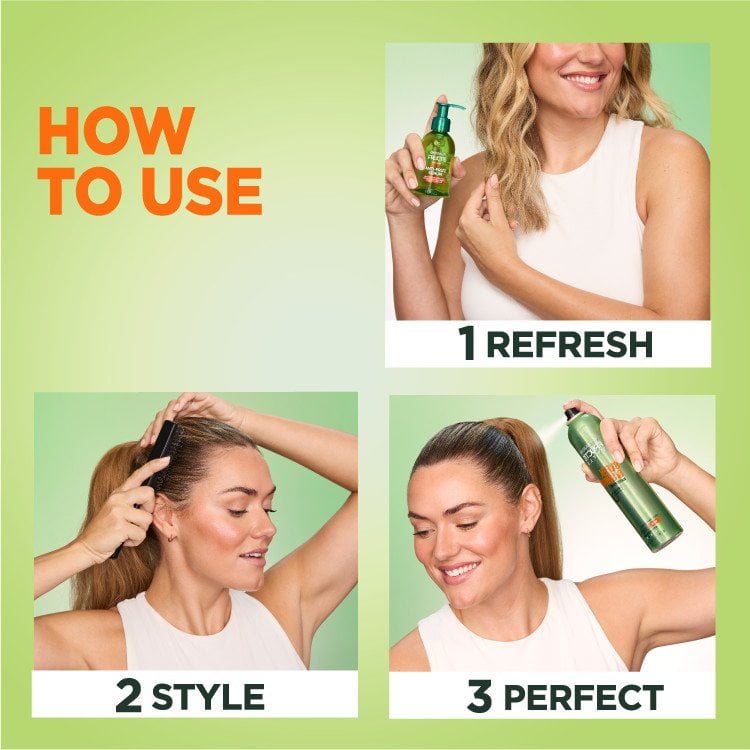 Three-step guide for using Garnier Fructis Sleek & Shine: 1. Refresh, 2. Style, 3. Perfect. Each step is visually demonstrated.